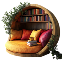 Cozy Round Reading Nook with Bookshelf and Cushions, Perfect for Relaxing with a Cup of Tea,  Transparent Background png