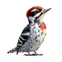 A Red-Crested Woodpecker with a Transparent Background, Standing on a Branch,  Looking Up, with Black and White Feathers, Isolated on Black png
