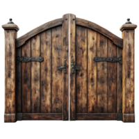 Rustic Wooden Gate with Arched Top and Iron Hinges on a Transparent Background png
