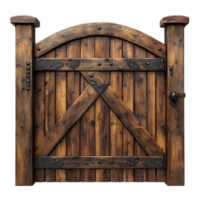 Rustic Wooden Gate with Arched Top and Iron Accents, Featuring a Transparent Background png