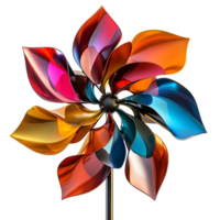 Colorful Wind Spinner with Transparent Background, Shiny Metal Windmill, Abstract Art, 3D Design,  Rotating  Flower with Vivid Hues, Modern Artwork,  Dynamic Design,  Metallic Finish,  Multicolored Windmill on Black Background png