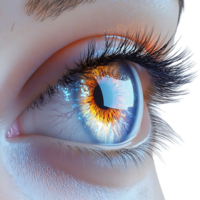 A Close-Up of a Blue Eye with an Orange Iris and Long Eyelashes, with a Transparent Background png
