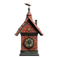 Antique Clock Tower with Transparent Background, Bird on Top, Red Tile Roof, and Detailed Clock Face png