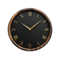 Elegant Black Clock with Golden Roman Numerals and Hands, Set Against a Transparent Background png