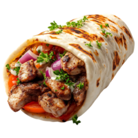 Delicious Grilled Chicken and Beef Shawarma Wrap with Creamy Sauce and Fresh Parsley, A Flavorful Bite of Mediterranean Cuisine png