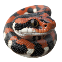 Red and Black Snake with Transparent Background, Coiled and Looking at the Camera, Close-up of Scales, Reptile with Sharp Eyes, Snake with a Sharp Gaze, Isolated on Transparent Background, Red and Black Snake with White Stripes, Snake with a Striking Patt png