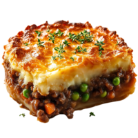 Deliciously Golden-Brown Shepherd's Pie with a Crispy Crust and a Creamy Mashed Potato Topping, Ideal for a Hearty and Comforting Meal, Served on a Transparent Background png