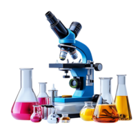erkunden das mikroskopisch Welt mit ein Mikroskop und bunt Lösungen auf ein transparent Hintergrund png