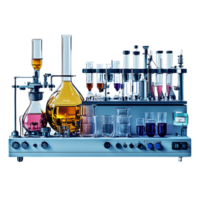 Laboratory Equipment with Transparent Background, Glassware for Experiments with Colorful Liquids png