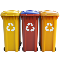 Recycling Bins with Transparent Background, Yellow Red and Yellow Bins for Recycling Waste, Three Recycling Bins with Recycle Symbol for Environmental Sustainability, Recycle Bins on a Black Background, 3D Rendering of Recycling Containers with Transparen png