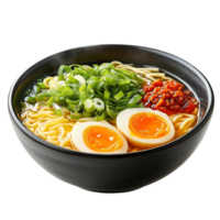 Delicious Ramen with Two Eggs, Green Onions, and Spicy Paste on a Transparent Background png