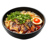 Delicious Ramen with Grilled Chicken, Soft Boiled Egg, Sesame Seeds, and Green Onions, a Flavorful Combination Served in a Black Bowl with Transparent Background png