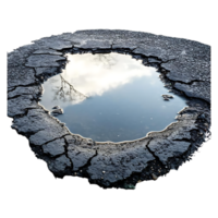 A Puddle Reflecting the Sky on Cracked Asphalt, a Symbol of Impermanence and Beauty, Transparent Background png