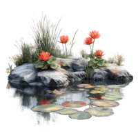 Water Lily Pond with Tranquil Rocks and Flowers, Creating a Serene Transparent Background png