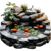 Tranquil Waterfall Pond with Lily Pads and Flowers, Surrounded by Stones with a Transparent Background png