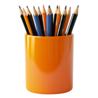 Colored Pencils Standing in a Glossy Orange Pencil Holder with a Transparent Background png