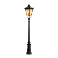 Black Cast Iron Street Lamp Post with Transparent Background, Illuminated Street Light with Ornate Details, Traditional Design, Lighting for Outdoor Spaces, Decorative Lamp Post with Transparent Background png