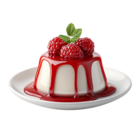 Delicious Creamy Panna Cotta Topped with Fresh Raspberries and a Drizzle of Red Sauce,  Transparent Background png