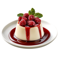 Delicious Creamy Panna Cotta Topped with Fresh Raspberries and a Raspberry Sauce, a Sweet and Refreshing Dessert with a Transparent Background png