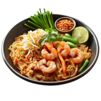 Delicious Pad Thai with Shrimp, Bean Sprouts, and Lime, Served on a Black Plate with a Transparent Background png