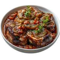 Osso Buco with Tomatoes and Onions, Braised in Red Wine, Served in a White Bowl on a Black Background, Transparent Background png