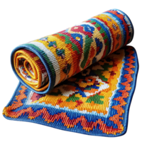 Colorful Rolled Up Rug with Geometric Patterns, Featuring a Transparent Background png