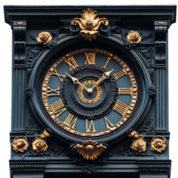 Ornate Clock Face with Roman Numerals and Gold Accents on a Black Background png