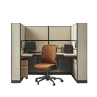 Modern Office Cubicle with Transparent Background, Featuring a Comfortable Desk Chair, Computer, and File Cabinet png