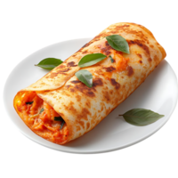 Delicious Crispy Tortilla Wrap Filled with Savory Tomato Sauce, Basil, and Cheese on White Plate with Transparent Background png