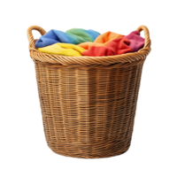 Wicker Laundry Basket Overflowing with Colorful Towels, Transparent Background png