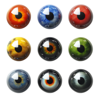 Nine Colorful Eyeballs with Transparent Background - Realistic 3D Rendering of Human Eyes with Different Colors png