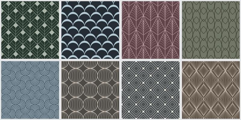 Collection of color ornamental seamless geometric patterns. Vintage elegant repeatable art deco ornate backgrounds. Endless fabric prints
