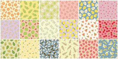 Collection of bright colorful seamless patterns - summer design. Cute botanic endless prints. Repeatable unusual backgrounds with fruits and flowers vector