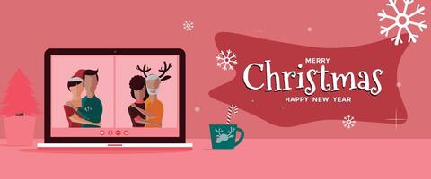 a laptop with a group of couples together in a call distancing chat decorations of snowflakes and stars a text Merry Christmas and Happy New Year. holiday concept. vector