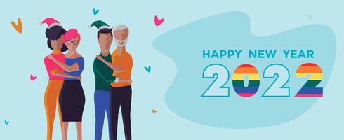 group of same-sex couples embraced and together celebrating holidays, next to them a text that says happy new year 2021. happy new year concept. vector