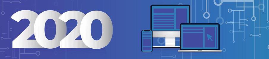 Classic blue banner 2022 with graphic elements such as laptop, phone and a computer. vector