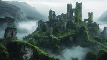 Ancient castle ruins covered in lush greenery photo