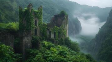 Ancient castle ruins covered in lush greenery photo