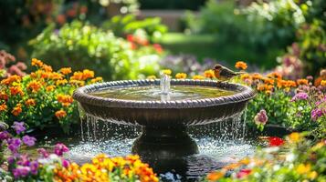 Beautiful garden fountain surrounded by colorful flowers photo