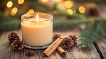 Candle surrounded by pine cones and cinnamon sticks photo
