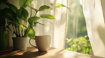 A serene moment with a white coffee cup on a wooden table photo