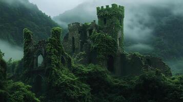 Ancient castle ruins covered in lush greenery photo