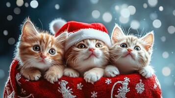 Santa Claus and cute funny cats. Christmas card concept photo