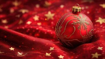 Red Christmas ornament resting on a soft red fabric photo