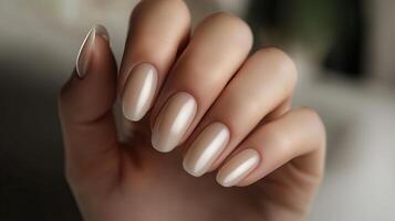 Closeup to woman hands with elegant neutral colors manicure photo