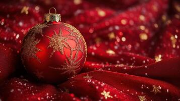 Red Christmas ornament resting on a soft red fabric photo