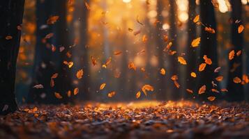 Autumn leaves drifting peacefully in a serene forest photo