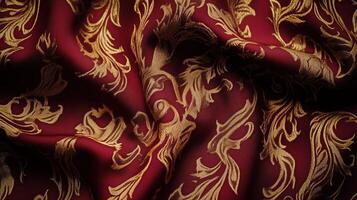 Elegant gold damask pattern on deep red fabric photo
