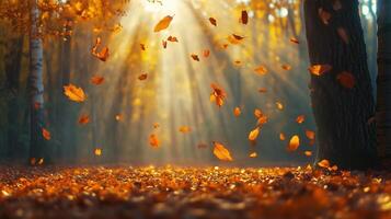 Autumn leaves drifting peacefully in a serene forest photo