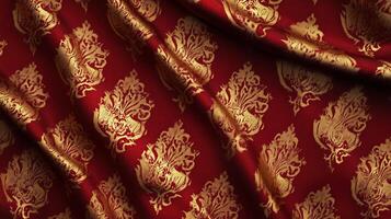 Elegant gold damask pattern on deep red fabric photo